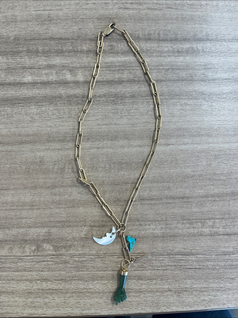 Costume Gold Chain Necklace with Turquoise, pearl & Green Charms